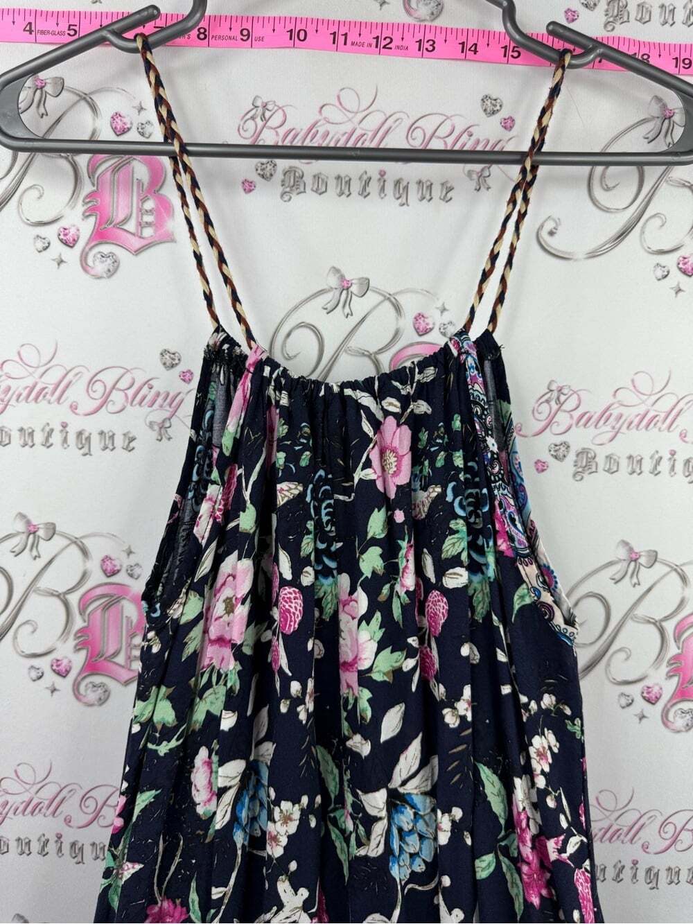 Dress long flowy braided Bohemian Floral Maxi Dress with Border Hem - Navy - Picture 11 of 16